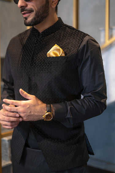 Black Self Embossed WaistCoat HumayunAlamgir