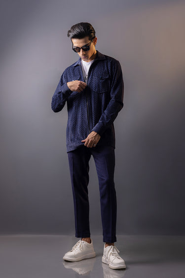 Blue Self Print Velvet Zipper Shirt Semi Formal humyaunalamgir