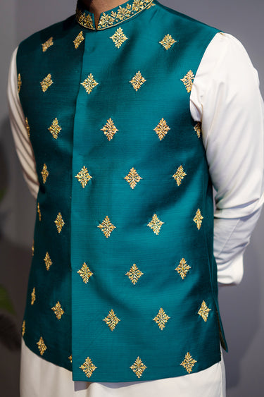 Teel Green Cotton Silk Waist Coat HumayunAlamgir