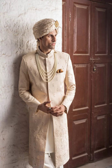 Ivory Silk Hand Embroidered Sherwani humyaunalamgir