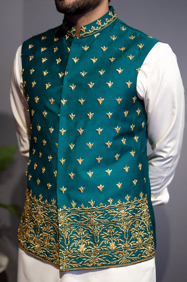 Teel Green Cotton Silk Waist Coat HumayunAlamgir