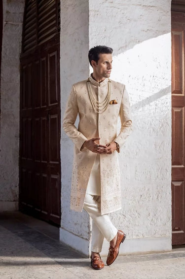 Ivory Silk Hand Embroidered Sherwani humyaunalamgir