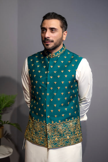 Teel Green Cotton Silk Waist Coat HumayunAlamgir S Waist Coat