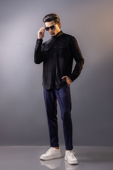Black Self Print Velvet Shirt Semi Formal humyaunalamgir