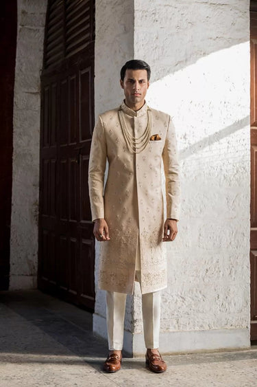 Ivory Silk Hand Embroidered Sherwani humyaunalamgir