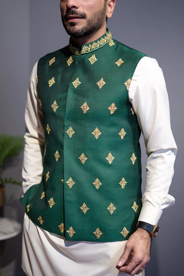 Dark Green Cotton Silk Waist Coat HumayunAlamgir
