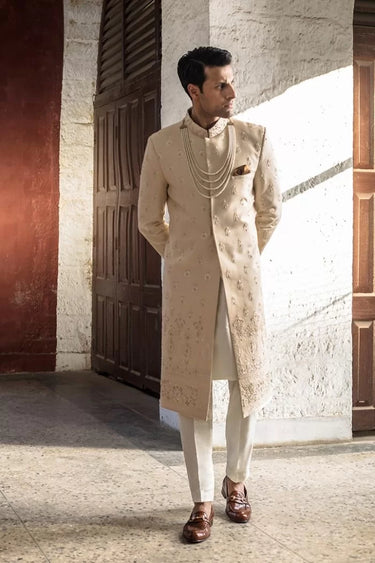 Ivory Silk Hand Embroidered Sherwani humyaunalamgir S