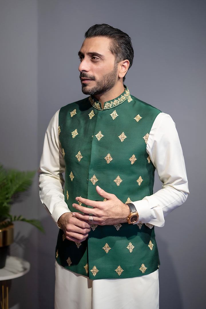 Dark Green Cotton Silk Waist Coat