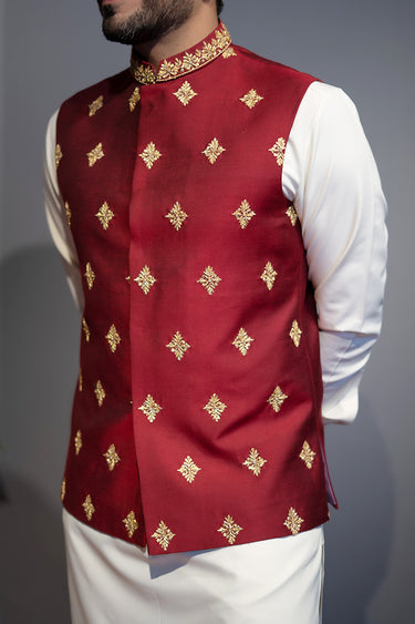Burn Red Cotton Silk Waist Coat HumayunAlamgir