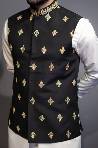 Black Cotton Silk Waist Coat HumayunAlamgir