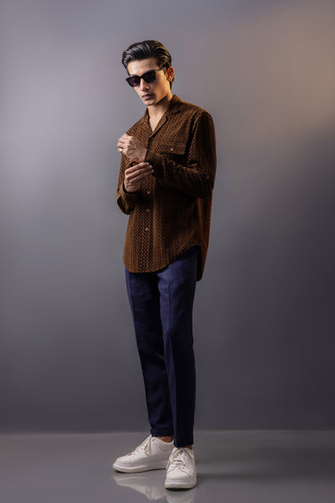 Brownish Self Print Velvet Shirt Semi Formal humyaunalamgir