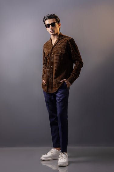 Brownish Self Print Velvet Shirt Semi Formal humyaunalamgir S