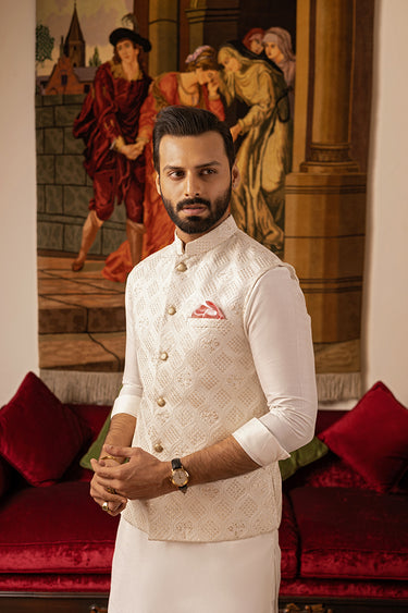 White Sequence Self Embossed Waist Coat humyaunalamgir