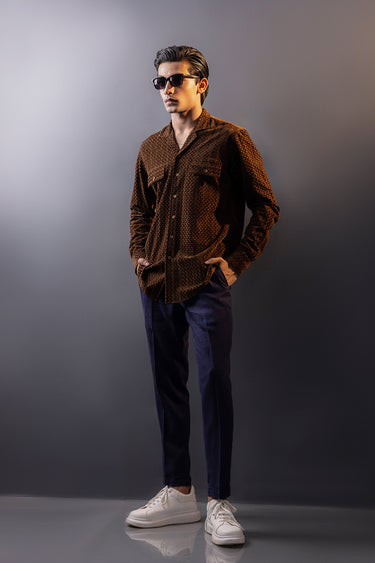 Brownish Self Print Velvet Shirt Semi Formal humyaunalamgir