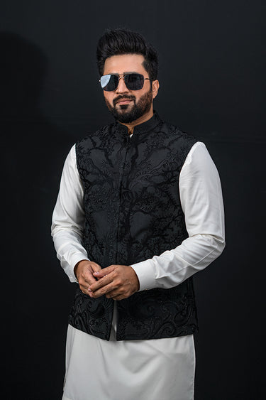 Black Self Embossed Waistcoat Waist Coats HumayunAlamgir