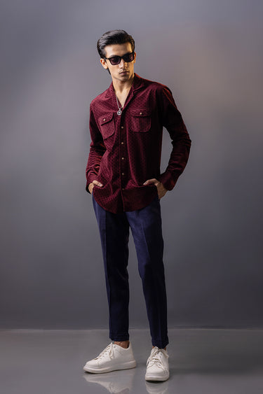 Maroon Self Print Velvet Shirt Semi Formal humyaunalamgir