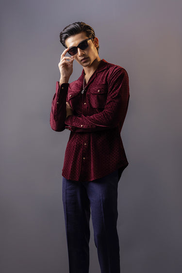 Maroon Self Print Velvet Shirt Semi Formal humyaunalamgir