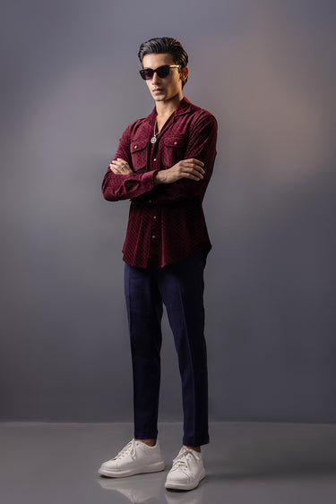 Maroon Self Print Velvet Shirt Semi Formal humyaunalamgir