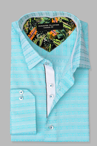 Ferozi Blue Printed Shirt Semi Formal humyaunalamgir