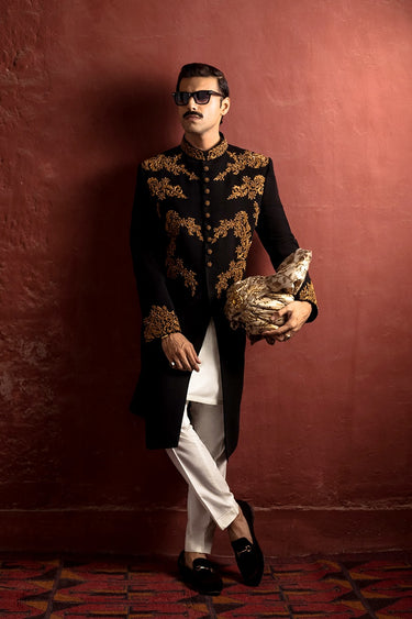 Armani Sherwani Featuring Handwork In Black humyaunalamgir S