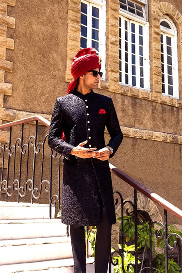Black Embossed Sherwani humyaunalamgir