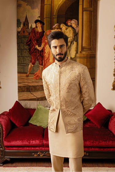 Turkish Beige Embossed Prince Coat humyaunalamgir