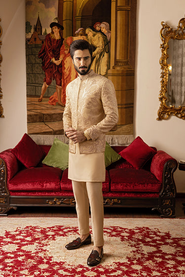 Turkish Beige Embossed Prince Coat humyaunalamgir