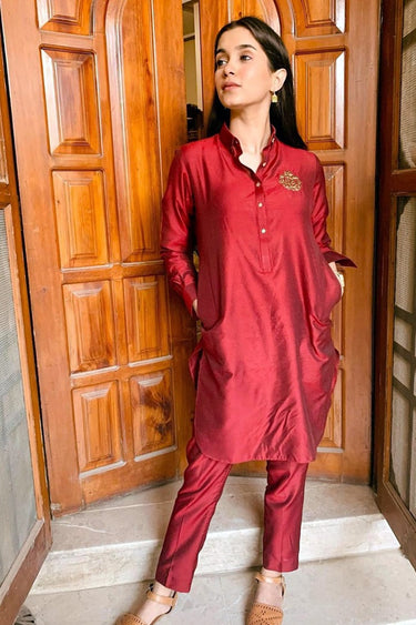 Red Cotton Silk Kurta Pajama Humayun Alamgir