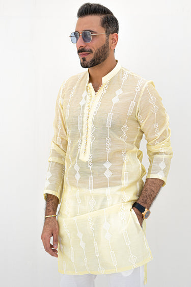Lemon Yellow Cotton Silk Kurta Pajama Humayun Alamgir S