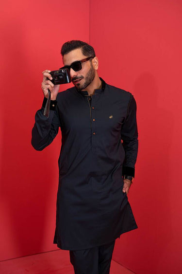 Black Stretchable Kurta Pajama Humayun Alamgir