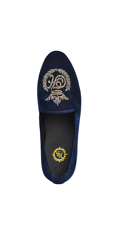 Navy Blue Velvet Pumps  Hand Embroidered Copper Cut & Seeds