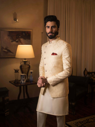 Beige Pure Indian Jamawar Prince Coat humyaunalamgir