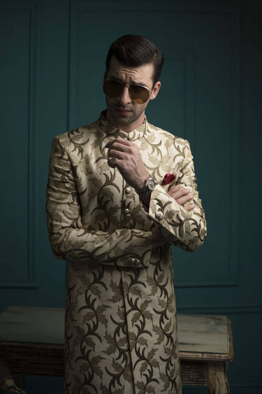 Beige Embossed Sherwani humyaunalamgir
