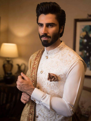 White Embossed Sequence Waist Coat humyaunalamgir