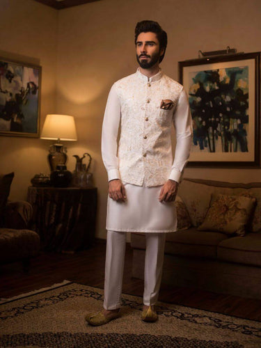White Embossed Sequence Waist Coat humyaunalamgir