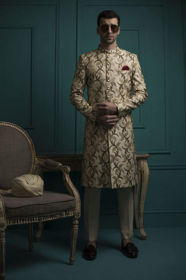 Beige Embossed Sherwani humyaunalamgir S
