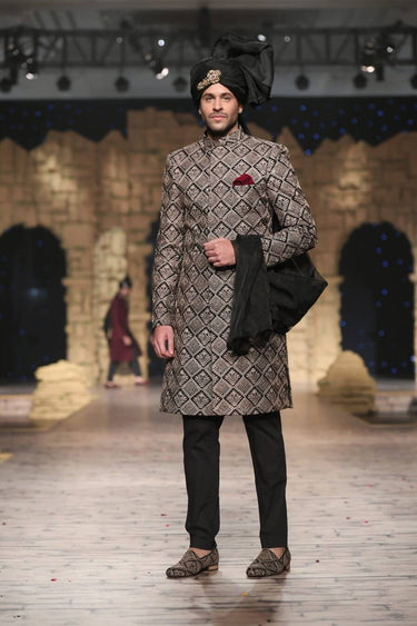 BLACK AND GOLD JACQUARD SHERWANI HumayunAlamgir