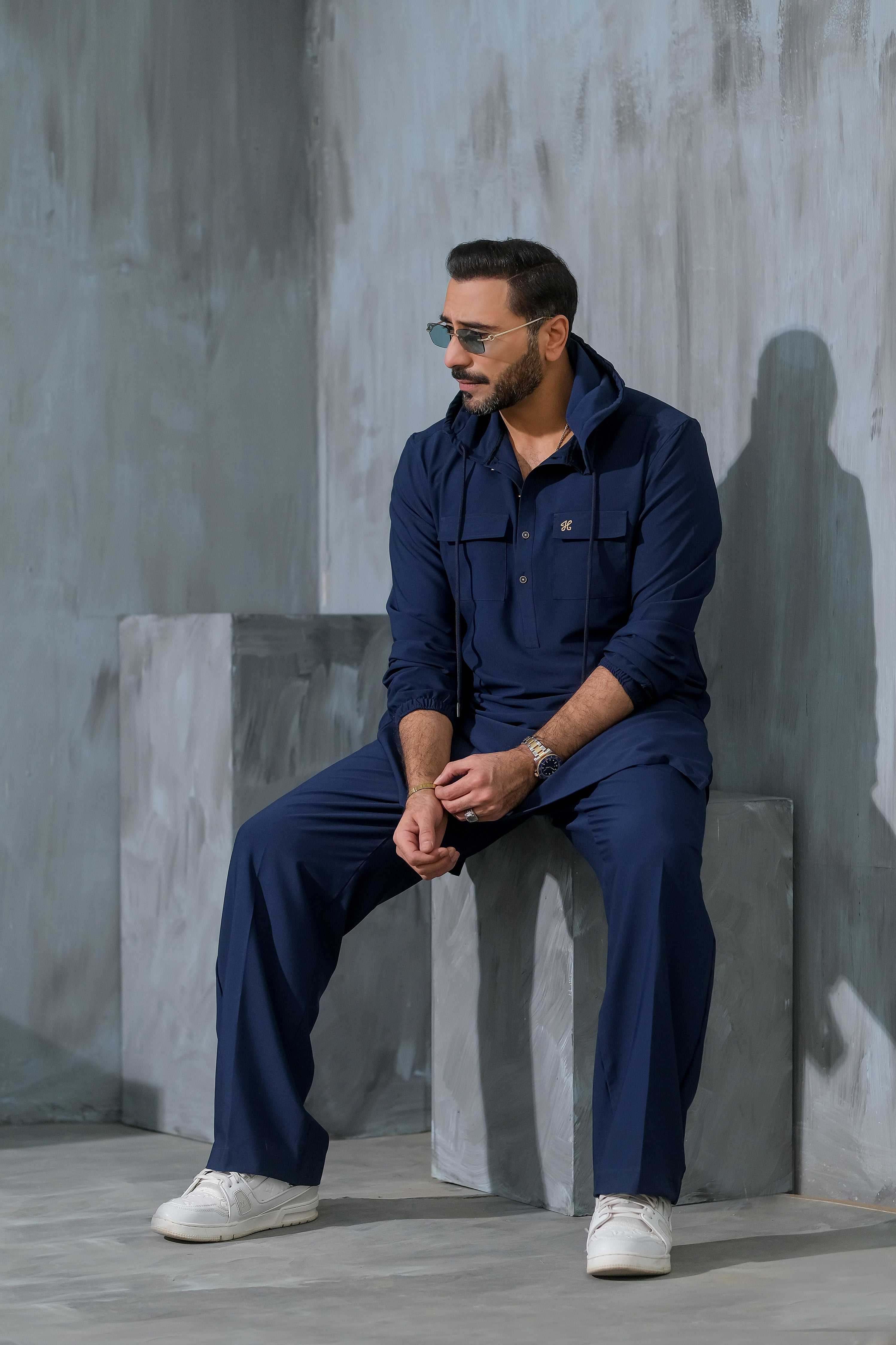 BLUE ARMANI HOODED KURTA PAJAMA