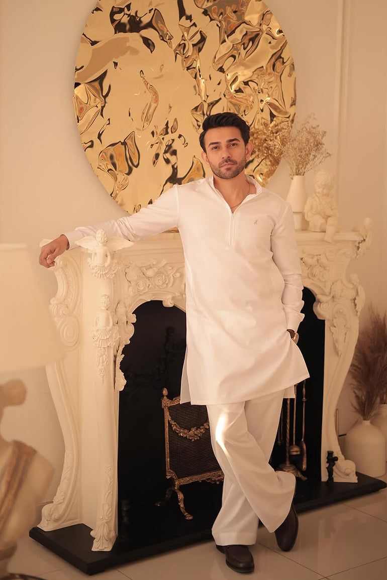 White Kurta Farshi Shalwar Humayun Alamgir