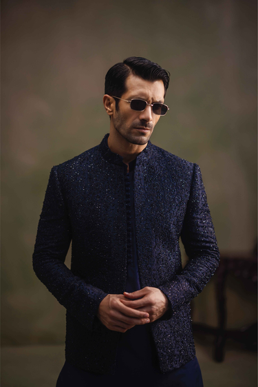 NAVY BLUE EMBROIDED FRONT OPEN HAND WORK PRINCE COAT Humayunalamgir