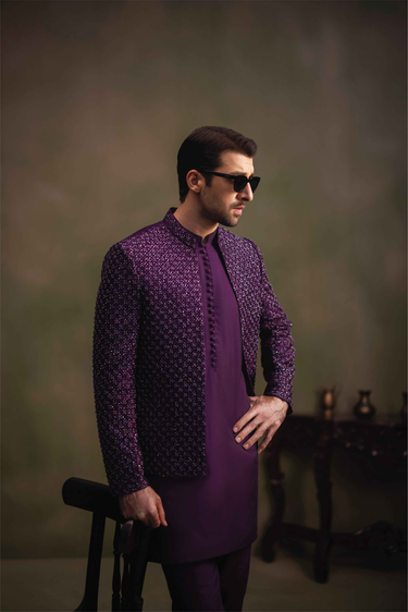 PURPLE SELF JAMAWAR HAND WORK PURPLE EMBROIDERY FRONT OPEN PRINCE COAT