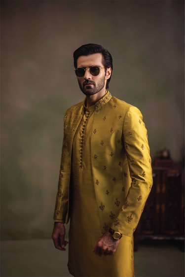 MUSTARD RAW SILK GOLDEN HANDWORK FRONT OPEN PRINCE COAT