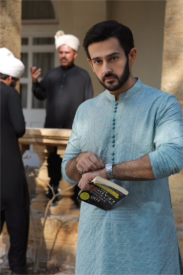 -AZAN- MINT BLUE KURTA PAJAMA Humayunalamgir