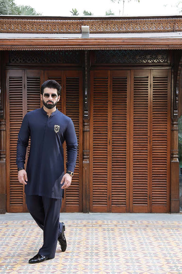 NAVY BLUE SELF TEXTURE WASH N WEAR KURTA PAJAMA Humayunalamgir