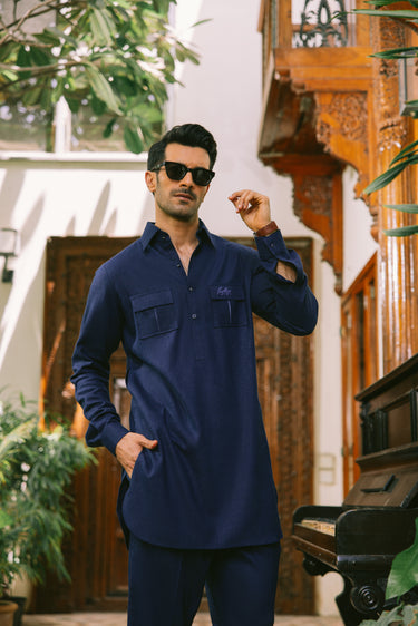 OXFORD BLUE LINEN KURTA PAJAMA Humayunalamgir