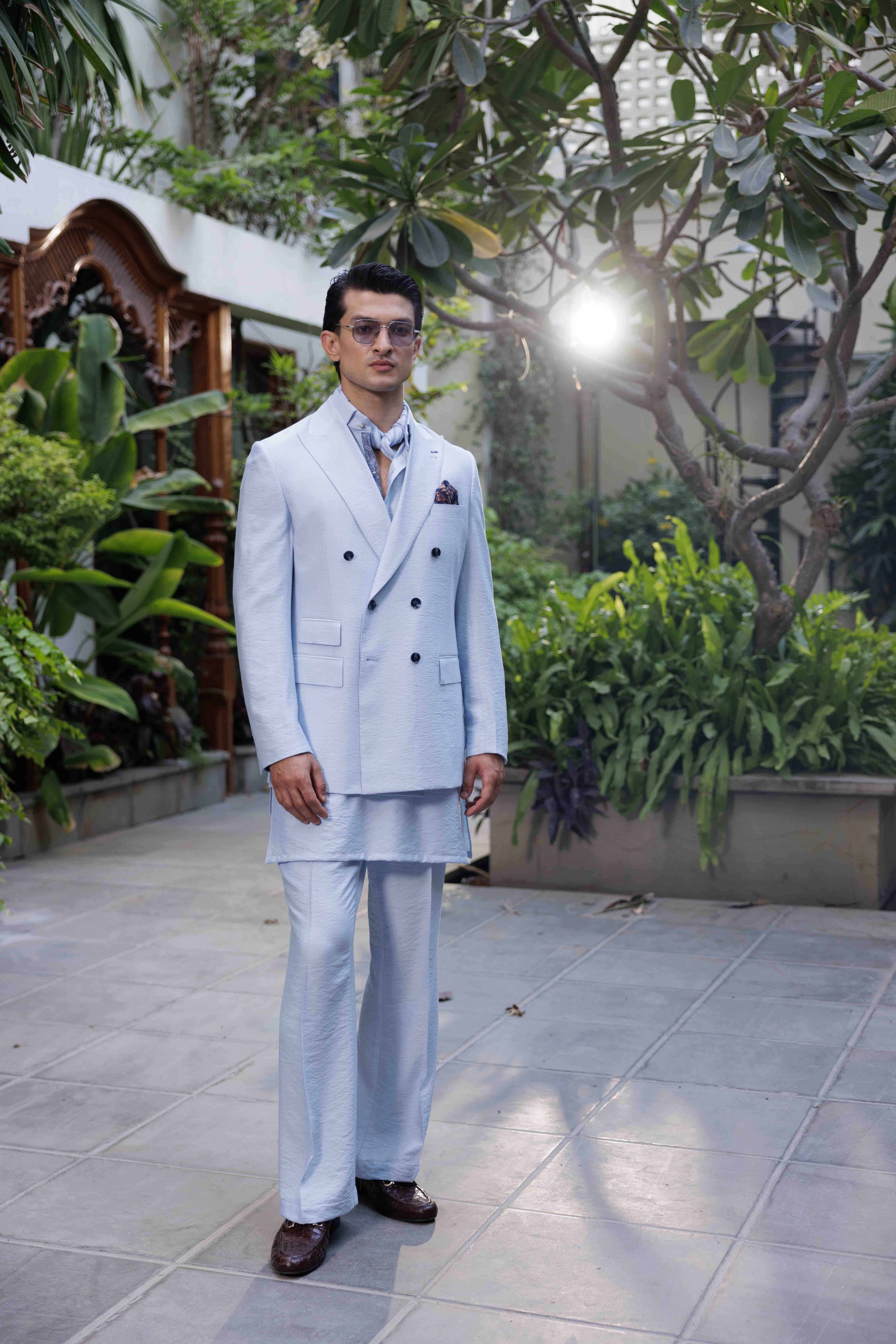 MINT BLUE LINEN DOUBLE BREASTED JACKET Humayunalamgir