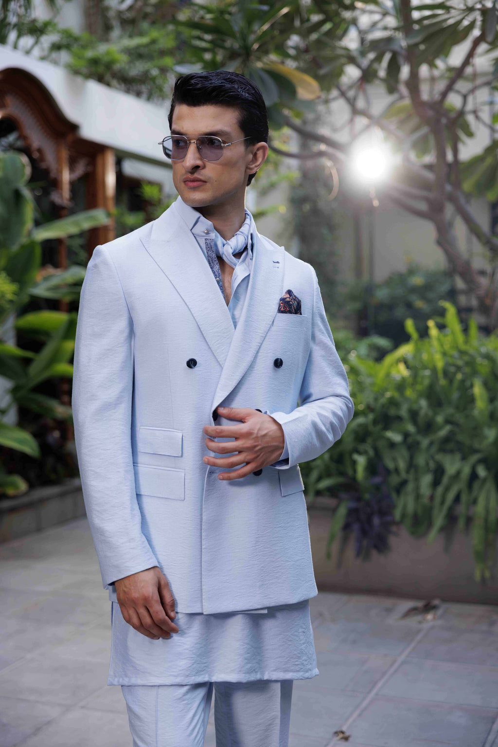 MINT BLUE LINEN DOUBLE BREASTED JACKET Humayunalamgir