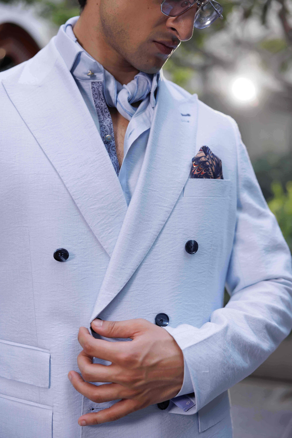 MINT BLUE LINEN DOUBLE BREASTED JACKET Humayunalamgir