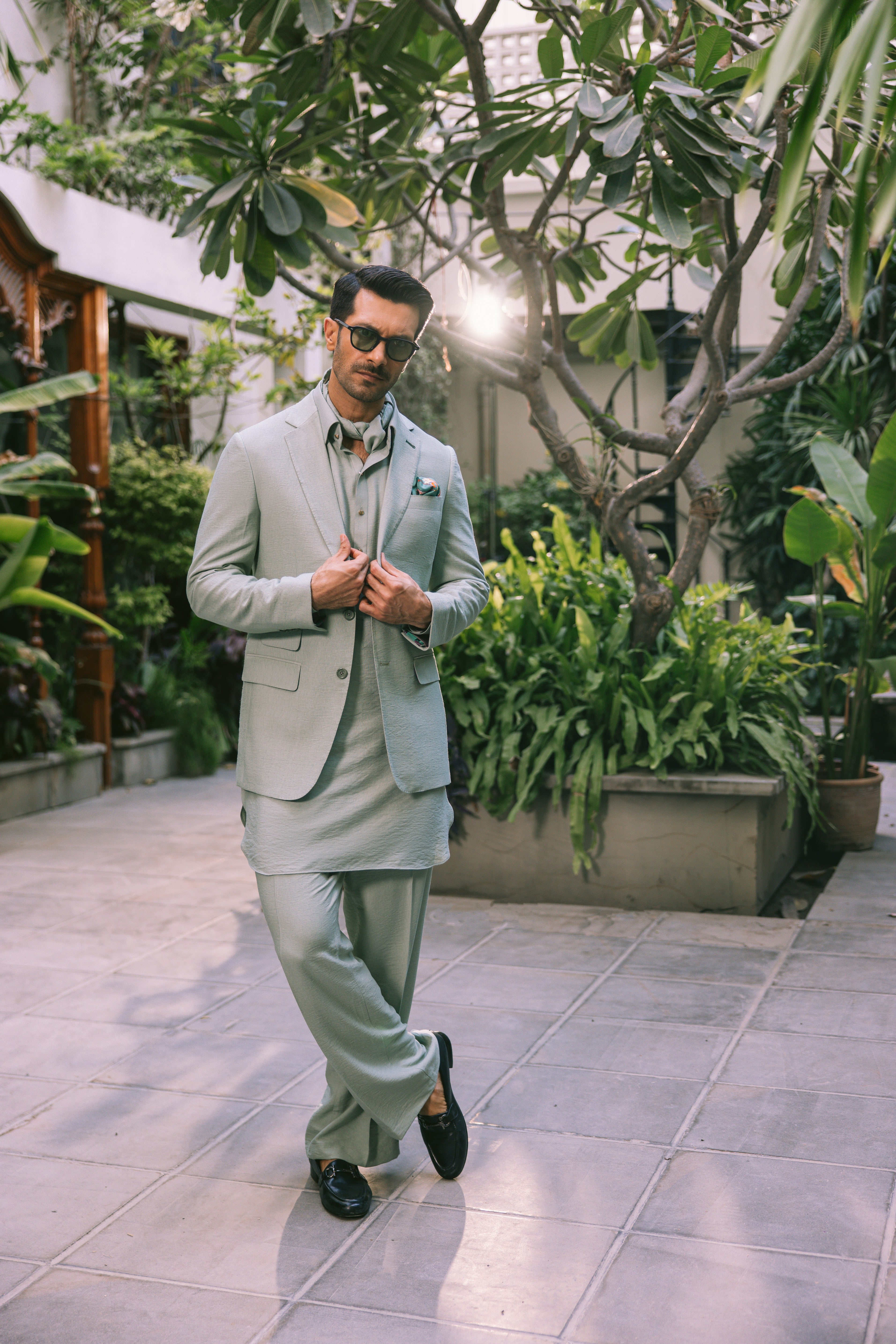 MINT GREEN LINEN DOUBLE BREASTED JACKET Humayunalamgir