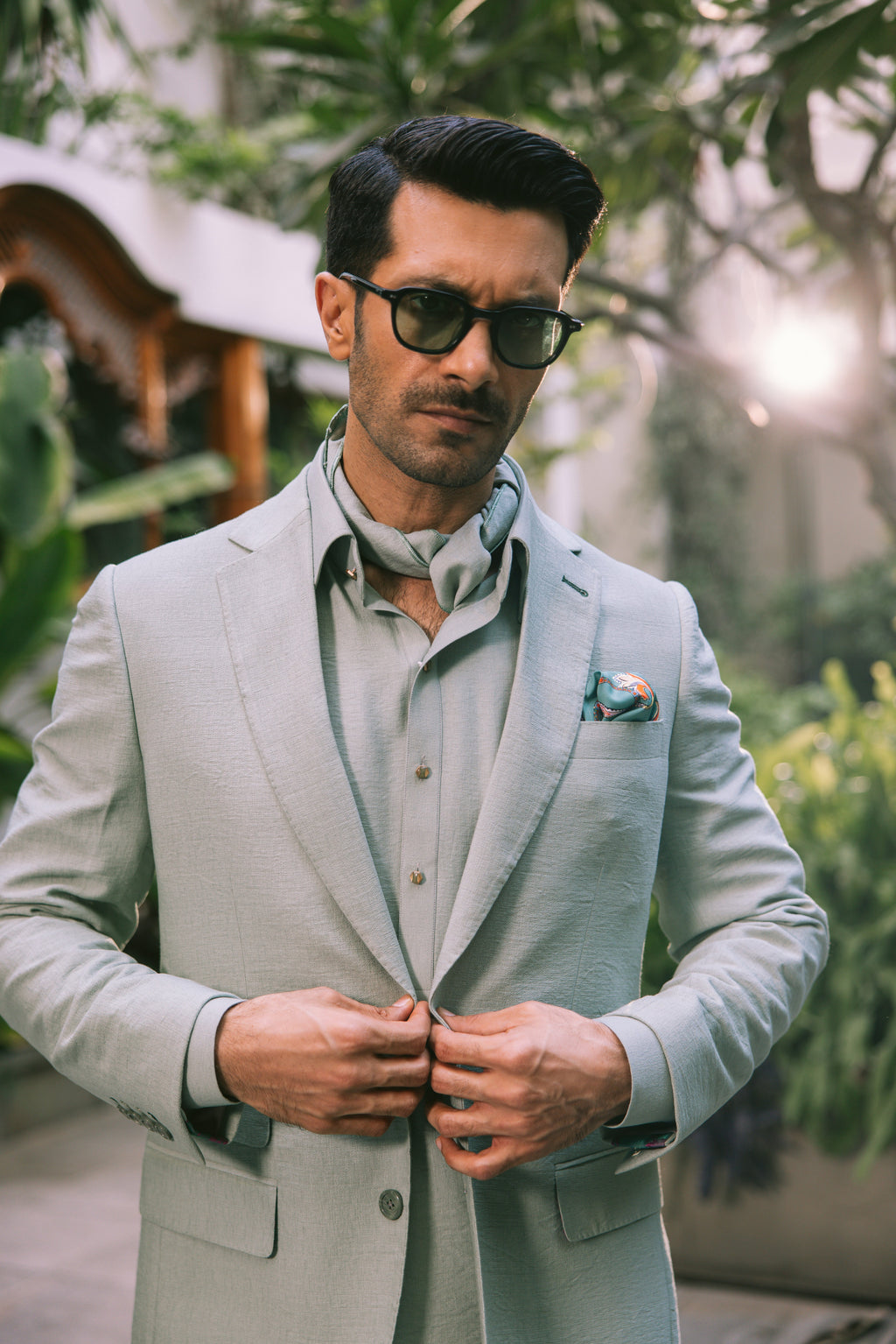 MINT GREEN LINEN DOUBLE BREASTED JACKET Humayunalamgir